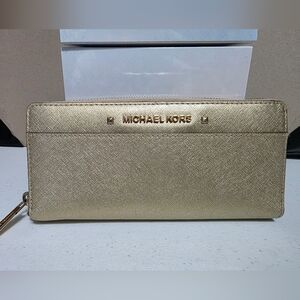 Michael Kors Metallic Gold Zip-Around Saffiano Wallet